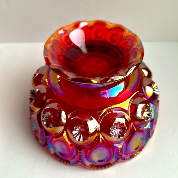 L E Smith Moon and Stars Iridescent Ruby Red Orange Carnival Glass Bowl 6” - Picture 5 of 9